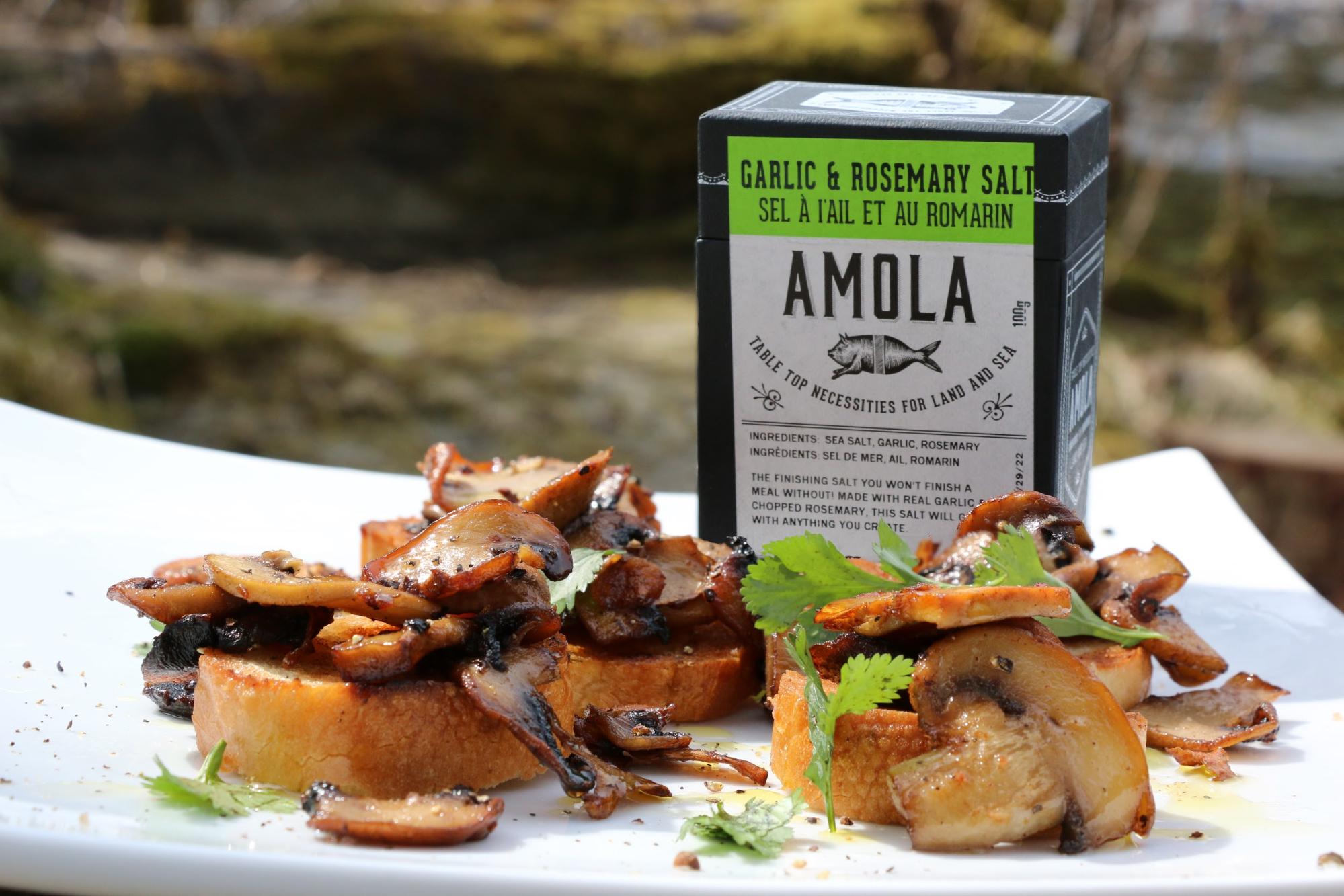 Garlic & Rosemary Mushroom Crostini with a box of Amola salt